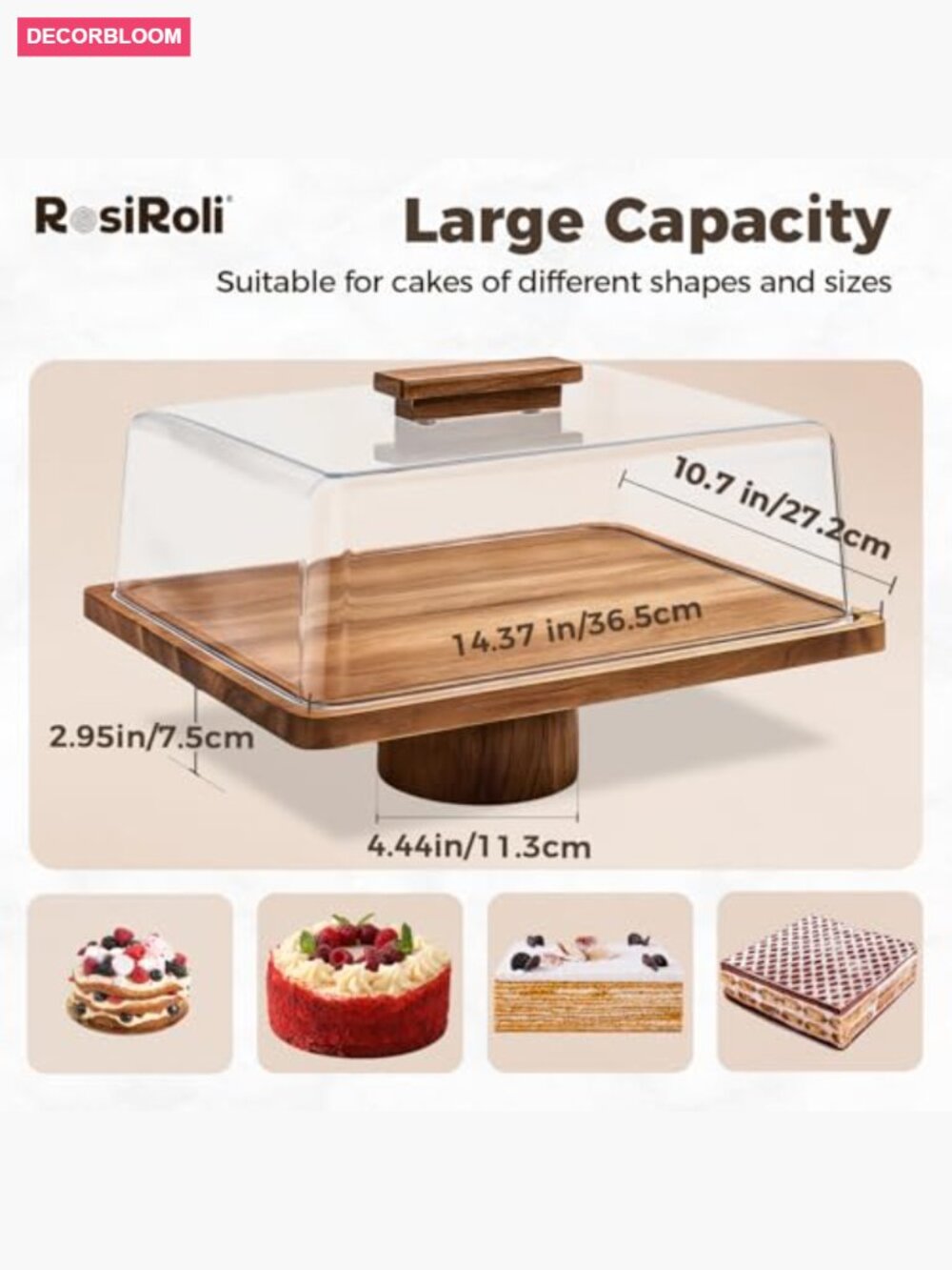 2-in-1 Acacia Wood Cake Stand & Charcuterie Board with Acrylic Dome Lid, - Picture 6 of 7